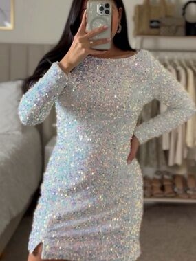 Iridescent Sequin Long Sleeve Mini Dress - White